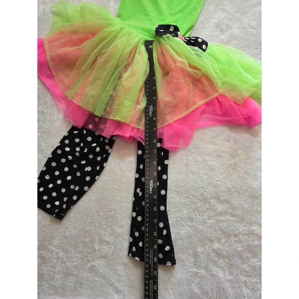 387 Girls Neon Green Pink Clown Costume Dress Tutu Polka Dot Leggings